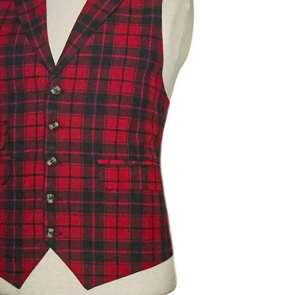 Mens Plaid Vest 46R Red Black Wool Waistcoat Preppy Wedding Party Formal Casual